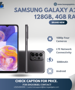 Samsung Galaxy A23 Price: 7,000 Leones Dimensions: 165.4 x 76.9 x 8.44mm, 195g Display: 16.6-inch TFT V-Cut (1080 x 2408) Camera: Rear Main: 50MP, F1.8, OIS Ultra Wide: 5MP, F2.2 Macro: 2MP, F2.4 Depth: 2MP, F2.4 Front: 8MP, F2.2AP Octa Core (2.4GHz + 1.9GHz) OS: Android 12.0 One UI 4.1 Memory: 4/6/8GB RAM 64/128GB Internal Storage MicroSD slot: (up to 1TB) Battery: 5,000mAh (Typical) 25W Super Fast Charging Colors: Black, white, peach, blue Network: LTE Sensor: Side Fingerprint #leonegadgets #samsung